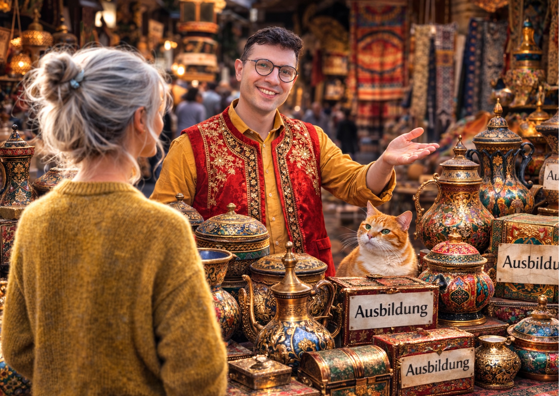Lektorenausbilder Evgenij Unker in orientalischer Tracht auf einem Basar im Gespräch mit einer Ausbildungsinteressierten. Mit KI erstellt.